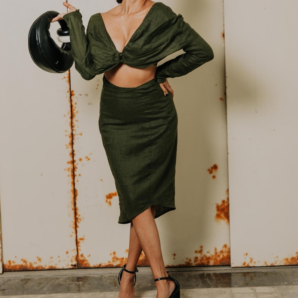 Olive Green Linen Skirt Set